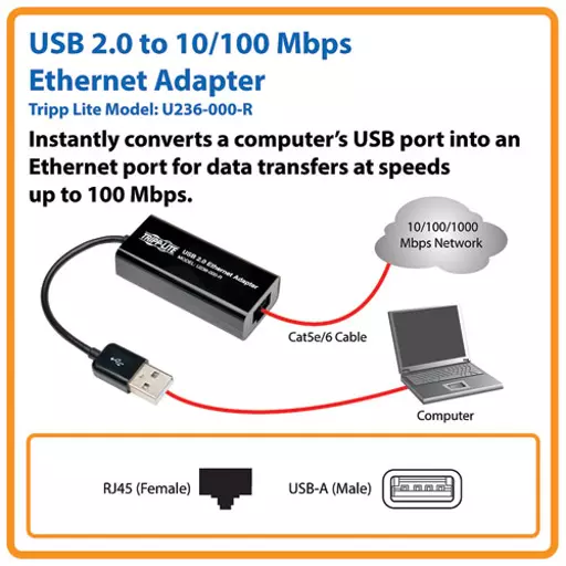 Tripp Lite U236-000-R USB 2.0 Ethernet NIC Adapter - 10/100 Mbps, RJ45, Black