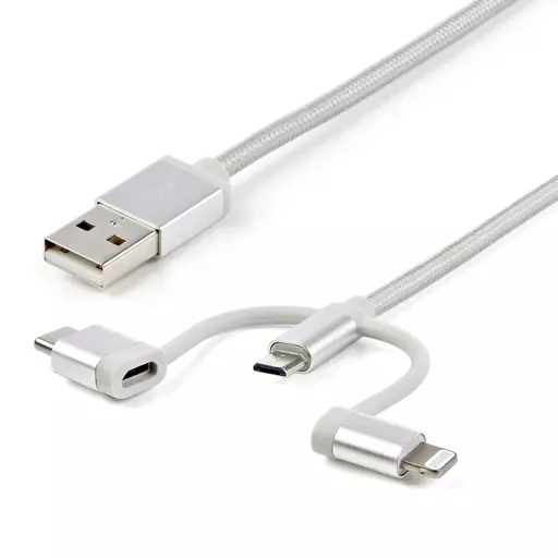 StarTech.com 1 m (3 f.t) USB Multi Charging Cable - USB to Micro-USB or USB-C or Lightning for iPhone / iPad / iPod / Android - Apple MFi Certified - 3 in 1 USB Charger - Braided
