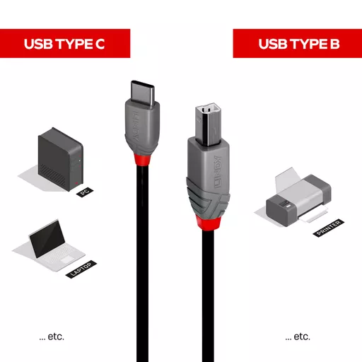 Lindy 3m USB 2.0 Type C to B Cable, Anthra Line