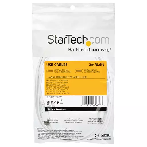 StarTech.com 2m USB C Charging Cable - Durable Fast Charge & Sync USB 2.0 Type C to USB C Laptop Charger Cord - TPE Jacket Aramid Fiber M/M 60W White - Samsung S10 S20 iPad Pro MS Surface