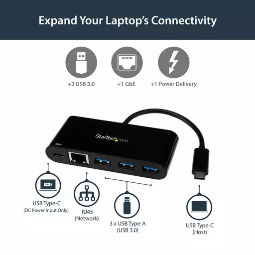 StarTech.com USB-C to Ethernet Adapter with 3-Port USB 3.0 Hub and Power Delivery