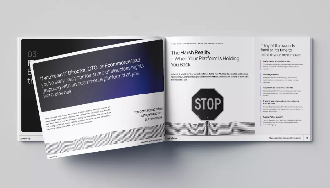 Grey background with a mockup version of the Frustrated Migrators Whitepaper by Symphony Commerce