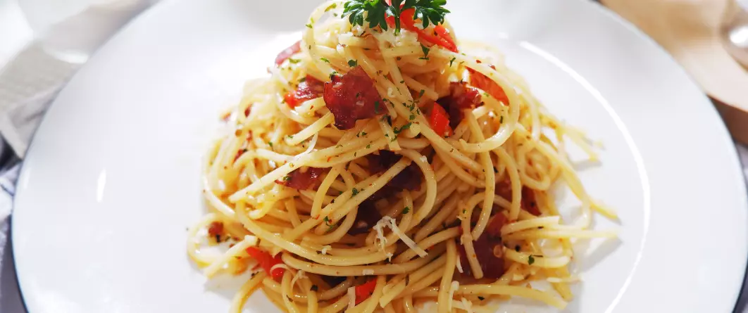 Spaghetti Aglio e Olio with Roasted Vegetables