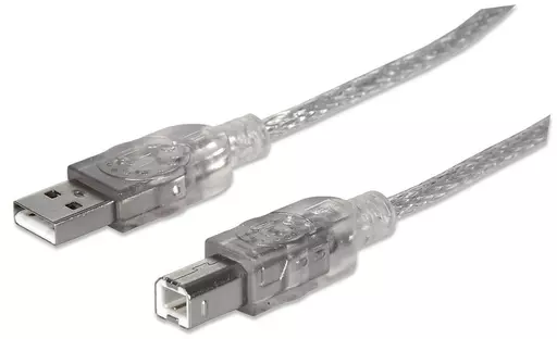 Manhattan USB-A to USB-B Cable, 3m, Male to Male, Translucent Silver, 480 Mbps (USB 2.0), Equivalent to USB2AA2M (except colour), Hi-Speed USB, Lifetime Warranty, Polybag