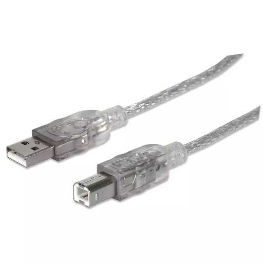 Manhattan USB-A to USB-B Cable, 3m, Male to Male, Translucent Silver, 480 Mbps (USB 2.0), Equivalent to USB2AA2M (except colour), Hi-Speed USB, Lifetime Warranty, Polybag