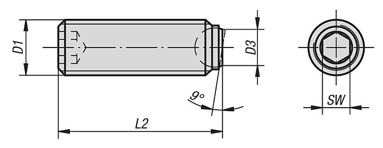 BALL-END THRUST SCREW WITHOUT HEAD, FORM:B FLATTENED BALL, M04, L=7,8, STAINLESS STEEL BRIGHT, COMP:STAINLESS
