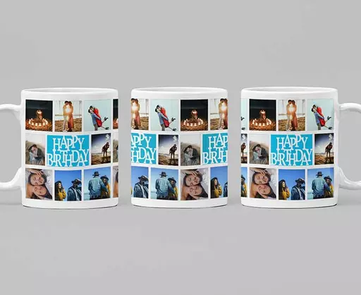 Personalised happy birthday photo collage mug. Custom gift for family & friends 