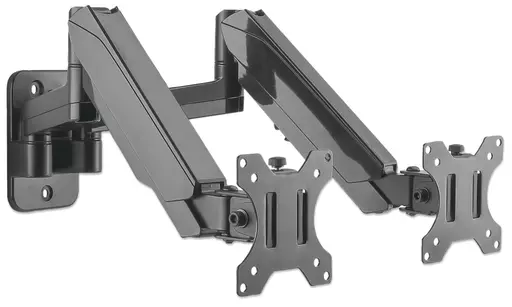 Manhattan TV & Monitor Mount, Wall, Full Motion (Gas Spring), 2 screens, Screen Sizes: 17-32", Black, Dual Screen, VESA 75x75 to 100x100mm, Max 8kg (each), Tilt & Swivel with 3 Pivots, Lifetime Warranty