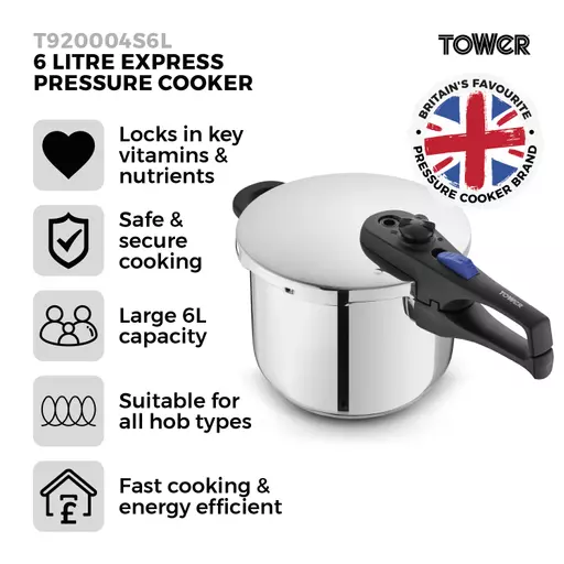 Express 6 Litre Stainless Steel Pressure Cooker Housewares Tower Housewares