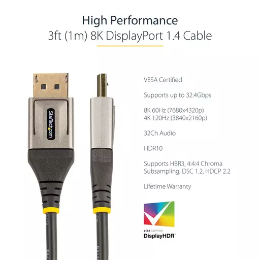 StarTech.com 3ft (1m) VESA Certified DisplayPort 1.4 Cable - 8K 60Hz HDR10 - Ultra HD 4K 120Hz Video - DP 1.4 Cable / Cord - For Monitors/Displays - DisplayPort to DisplayPort Cable - M/M