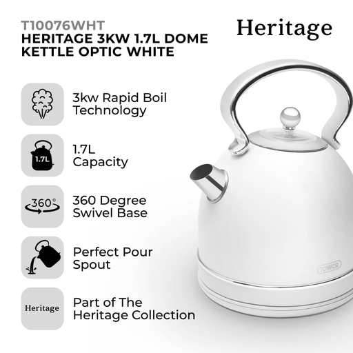 Tower Heritage 1.7 Litre Dome Kettle White