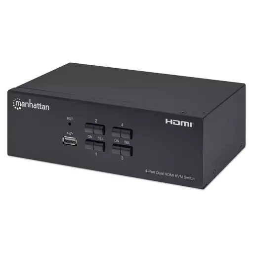 Manhattan HDMI KVM Switch 4-Port, 4K@30Hz, USB-A/3.5mm Audio/Mic Connections, Cables included, Audio Support, Control 4x computers from one pc/mouse/screen, USB Powered, Black, Three Year Warranty, Boxed