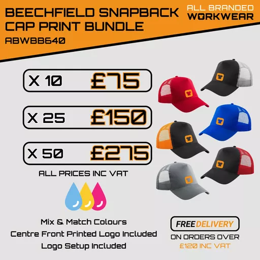 Printed Beechfield Snapback Trucker Cap Bundle