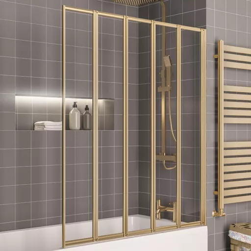 Volente 1400 x 1250mm Folding Bath Screen with 5 Fold Panels - Brushed Brass