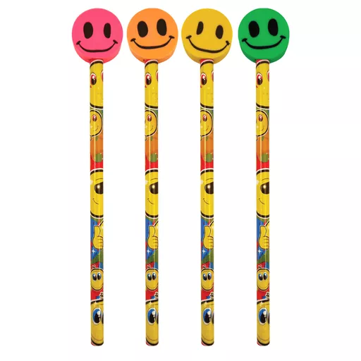 Smiley Face Pencil with Eraser - Priced as singles or wholesale in 24's