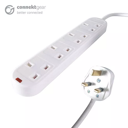 connektgear 2m 4 Way Surge Protected Power Extension Block - UK Plug to 4 x UK Sockets - White