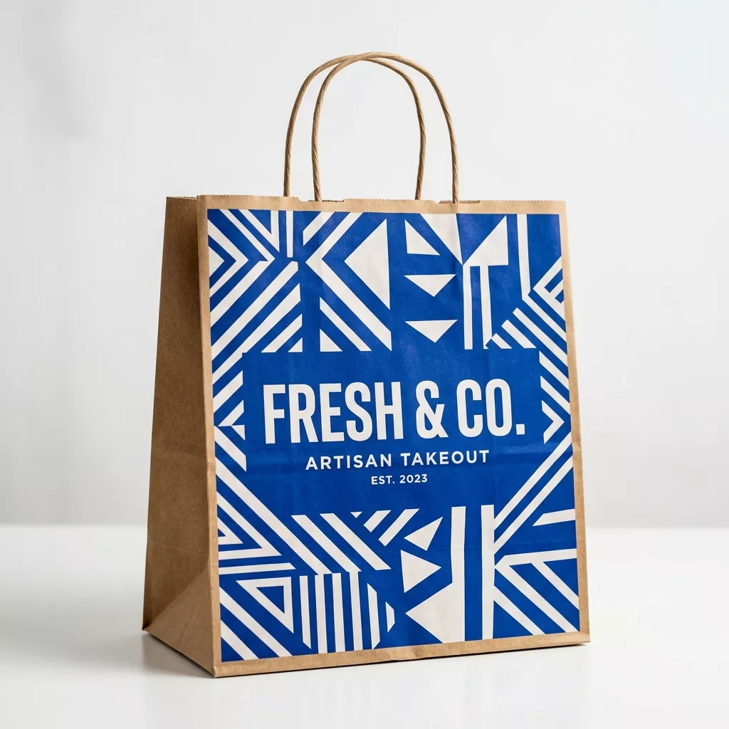 Custom printed handleless kraft paper bag with bold geometric full colour pattern print
