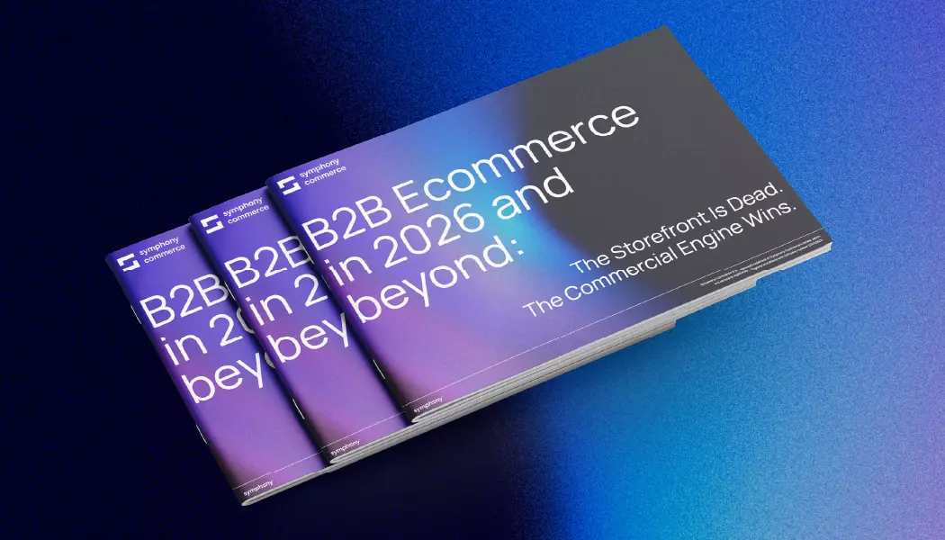 Gradient background image with a Matt Smith headshot and Mockup Cover of the 2026 B2B Ecommerce Trends Whitepaper by Symphony Commerce