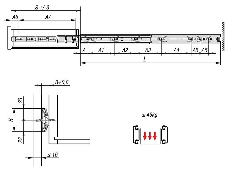 Telescopic Rail. Full Extension. 250mm Length (Pair).