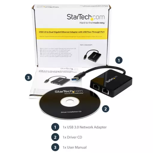 StarTech.com USB 3.0 to Dual Port Gigabit Ethernet Adapter NIC w/ USB Port