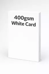 Upright stack of white card with text overlay reading “400gsm White Card”.