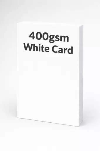 Upright stack of white card with text overlay reading “400gsm White Card”.