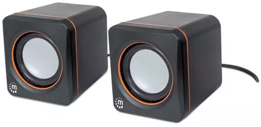 Manhattan 2600 Series Speaker System, Small Size, Big Sound, Two Speakers, Stereo, USB power, Output: 2x 3W, 3.5mm plug for sound, In-Line volume control, Cable 0.9m, Black, Three Year Warranty, Box