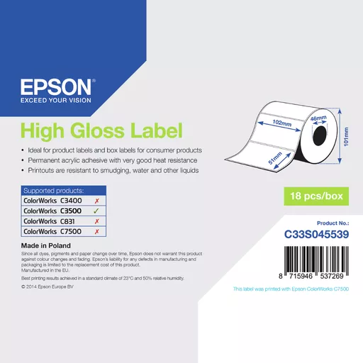 Epson C33S045539 Format-etikettes die-cut 102mm x 51m 610 Pack=1 for Epson TM-C 3500