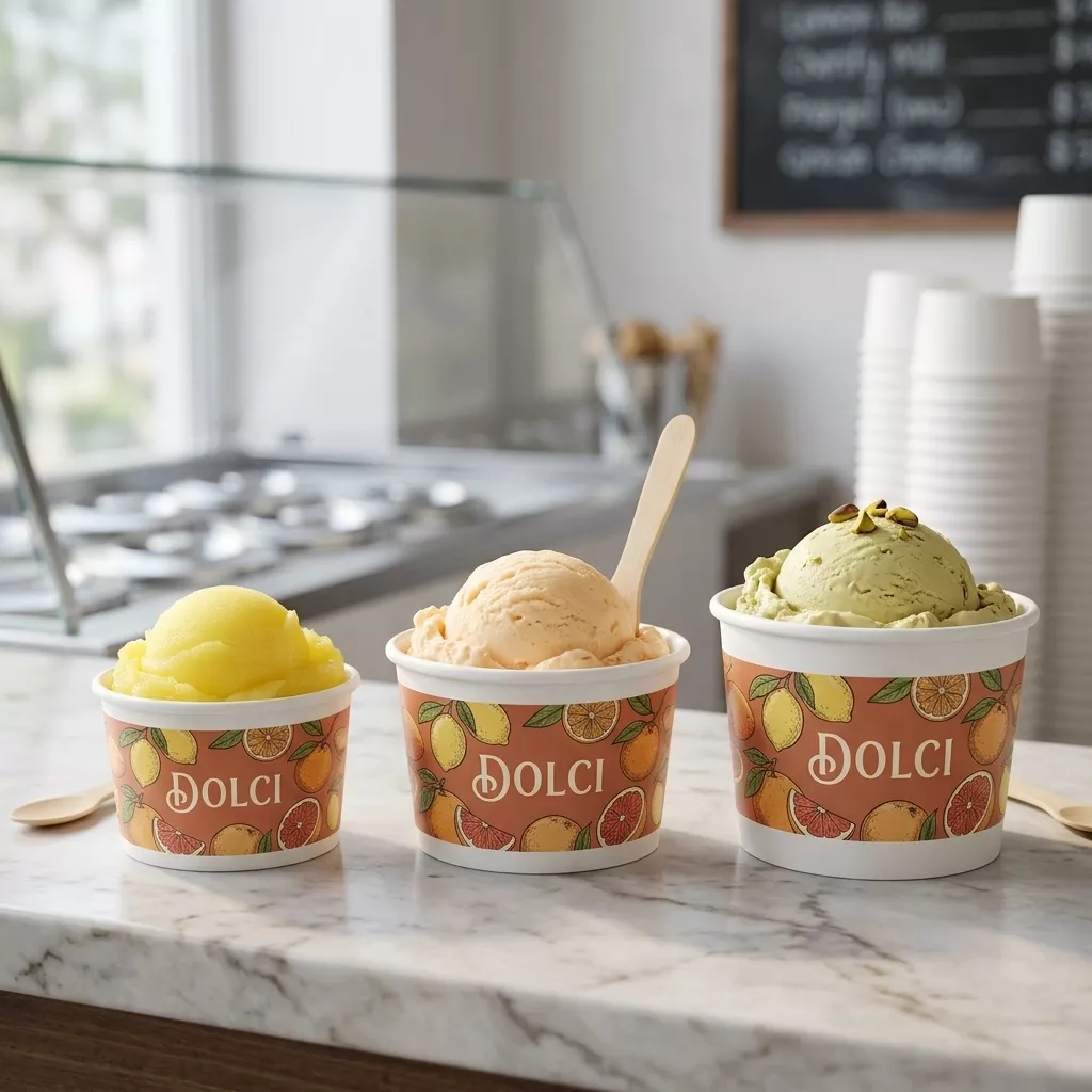 Lineup of custom printed ice cream cups in three sizes for Dolci gelato brand