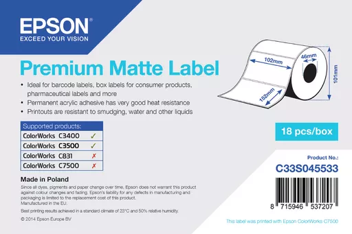 Epson C33S045533 Format-etikettes matt die-cut 102mm x 152mm 225 label Pack=1 for Epson TM-C 3400/3500