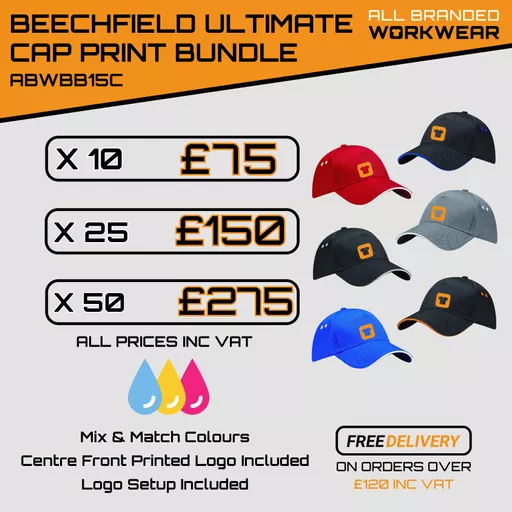 Printed Beechfield Ultimate 5 Panel Cap with Sandwich Peak Bundle