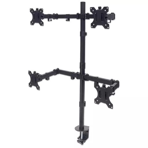 Manhattan TV & Monitor Mount, Desk, Double-Link Arms, 4 screens, Screen Sizes: 10-27", Black, Stand or Clamp Assembly, Quad Screens, VESA 75x75 to 100x100mm, Max 8kg (each), Lifetime Warranty