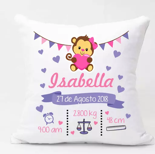 Personalised Monkey Newborn Baby Girl Cushion - Add Name, Date, Time, Weight