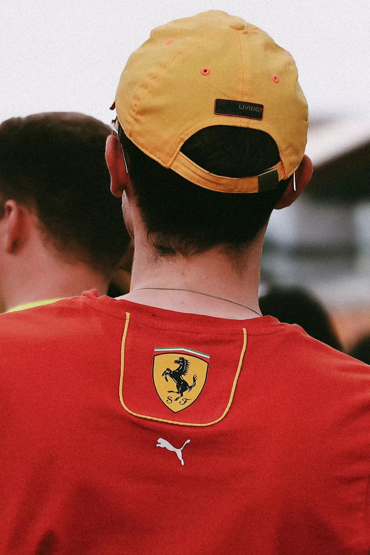 Behind the head shot of a Ferrari fan at Silverstone