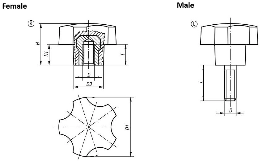 Five Lobe Grip. M8x20mm Steel Thread. Grip Diameter 40mm.