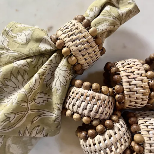 Rattan Napkin Rings with Wooden Beads, Set 6