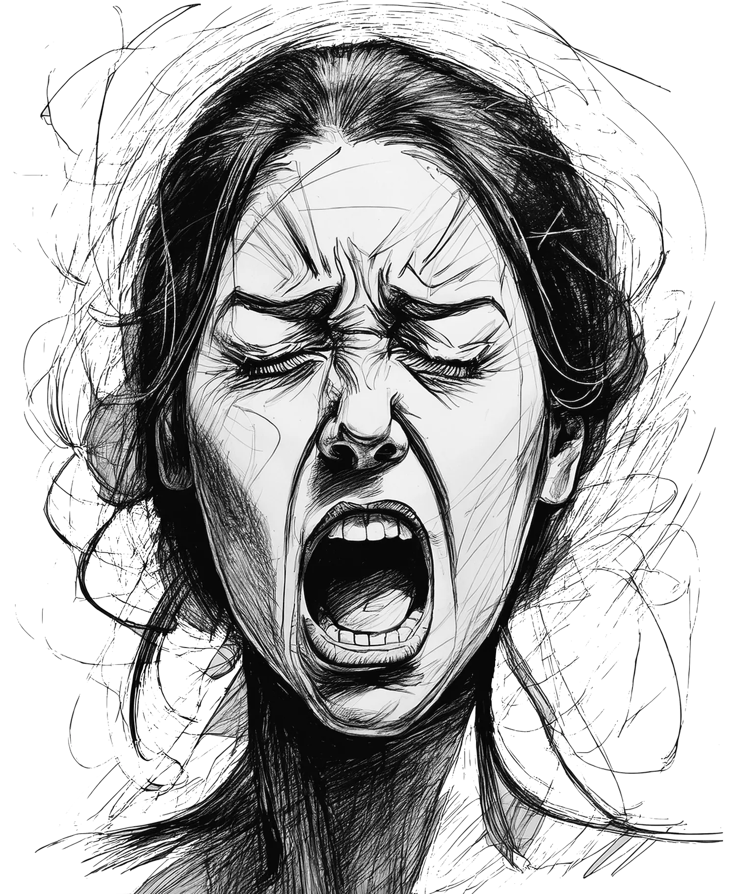 Scribble pen drawing of a female screaming with insanity
