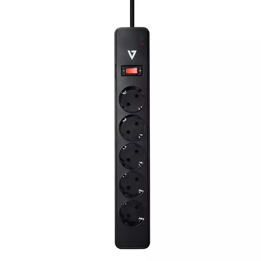 V7 5-Schuko Outlet Home/Office Surge Protector, 1.8m Cord, 1050 Joules, Black