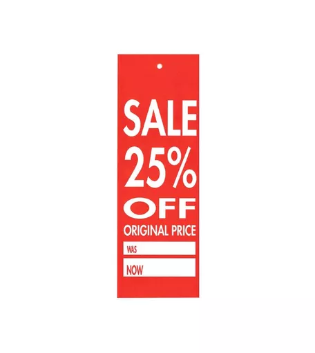 'Sale 25% Off  Was/Now' Tagging Tickets - 50mm x 145mm (Pack of 100)