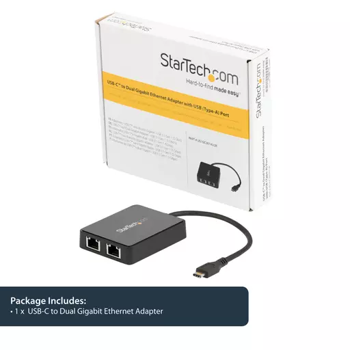 StarTech.com USB-C to Dual Gigabit Ethernet Adapter with USB (Type-A) Port