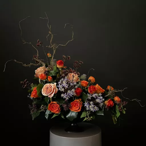 Orange Rose Arrangement in Browned Brass Bowl