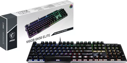 MSI VIGOR GK50 ELITE Mechanical Gaming Keyboard 'UK-Layout, KAILH Box-White Switches, Per Key RGB Light LED Backlit, Tactile, Floating Key Design, Water Resistant, Center'