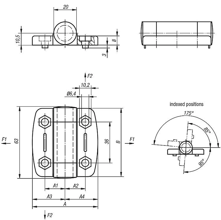 Hinge With Detent. Plastic & Steel. 54x56mm.