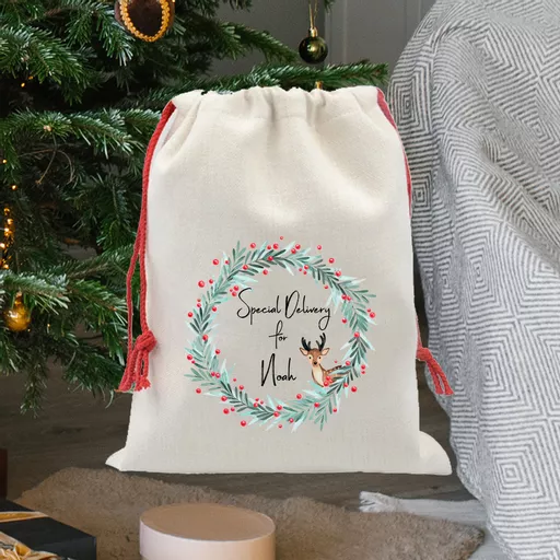 Personalised Christmas Wreath & Deer Santa Sack