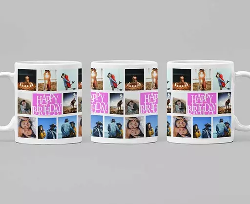 Personalised anniversary collage mug featuring 16 custom photos wrapped around Happy Birthday