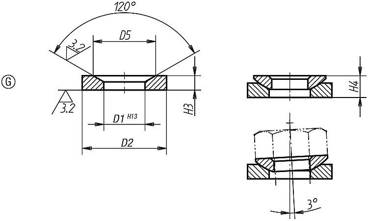 Conical Seat Form G. 12mm Hole. Conical Seat. Blackened Steel.