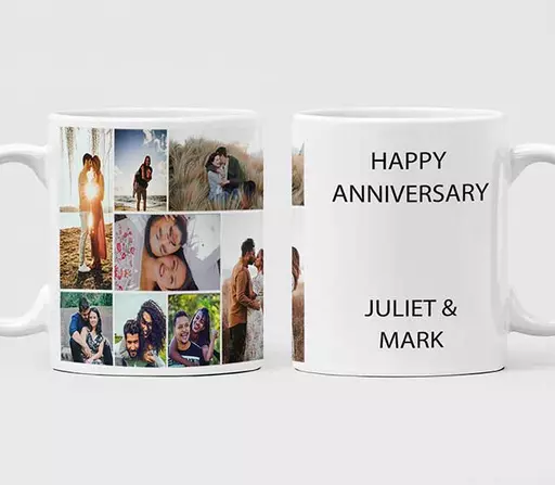 White ceramic photo collage mug showing personal moments with custom name/text under ‘Our Moments together’ design