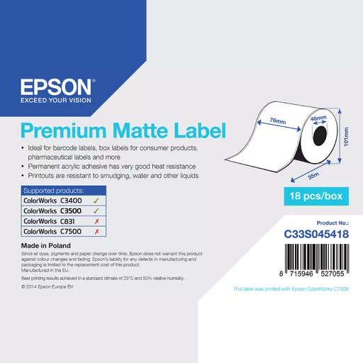 Epson Premium Matte Label - Continuous Roll: 76mm x 35m