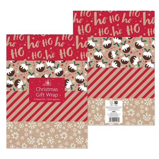 Kraft Christmas Flat Wrap (Pack of 8 sheets)