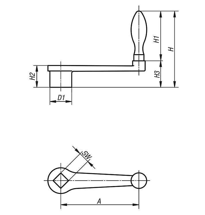 Crank Handle.14mm Square Socket. 125mm Long. Revolving Handle. Cast Iron.